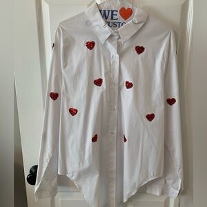 white button-down with red sequined hearts.